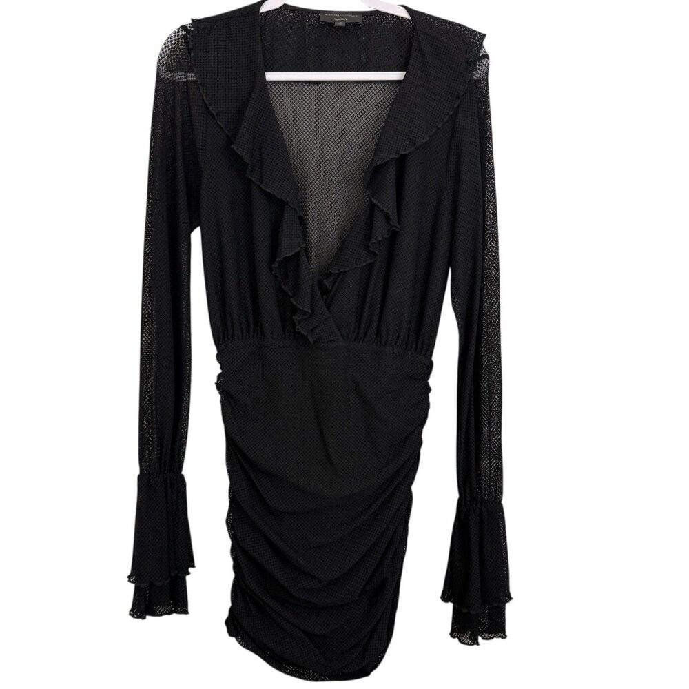 Michael Costello x REVOLVE Mavis Mini Dress Sz M Sheer Ruffle Long Sleeve Black